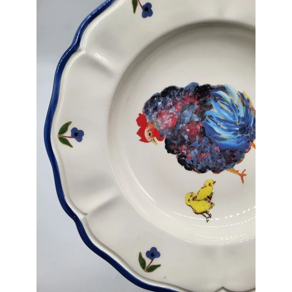 Sur La Table x Jacques Pépin Large Rim Soup Bowl Blue Chickens Rooster Farm